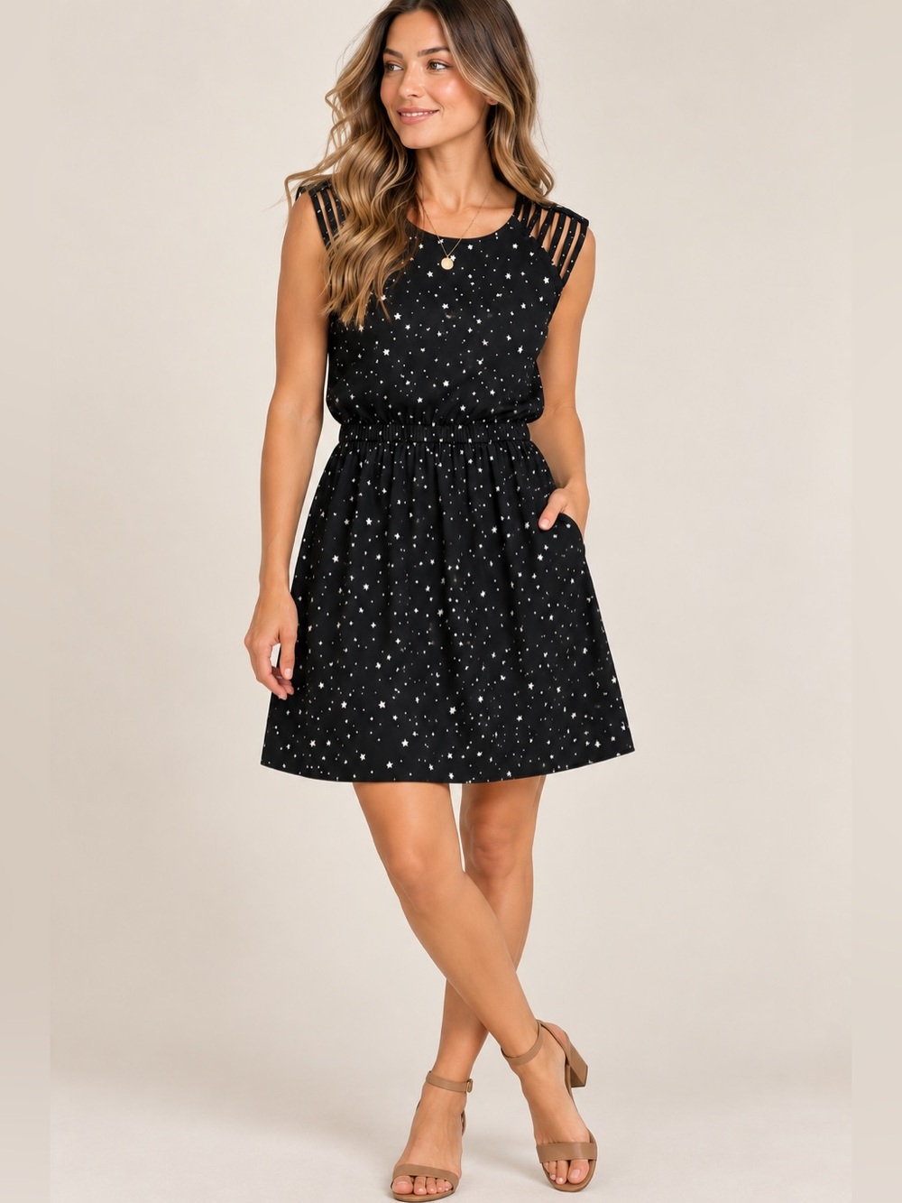 BCBG Generation Star Print Caged Shoulder Fit & Flare Dress XS